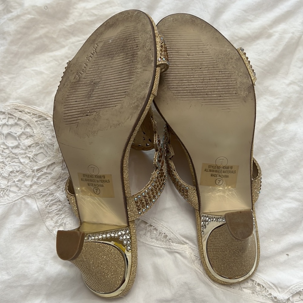 First Sight Gold Rhinestone Sandals - Picture 7 of 11